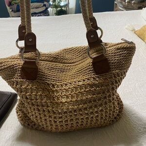 The Sak Shoulder Hand Bag.Tweed and Leather Gold Nice !!